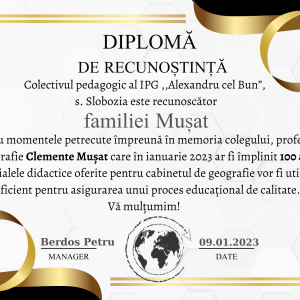 Diplomă de recunoștință familiei Mușat